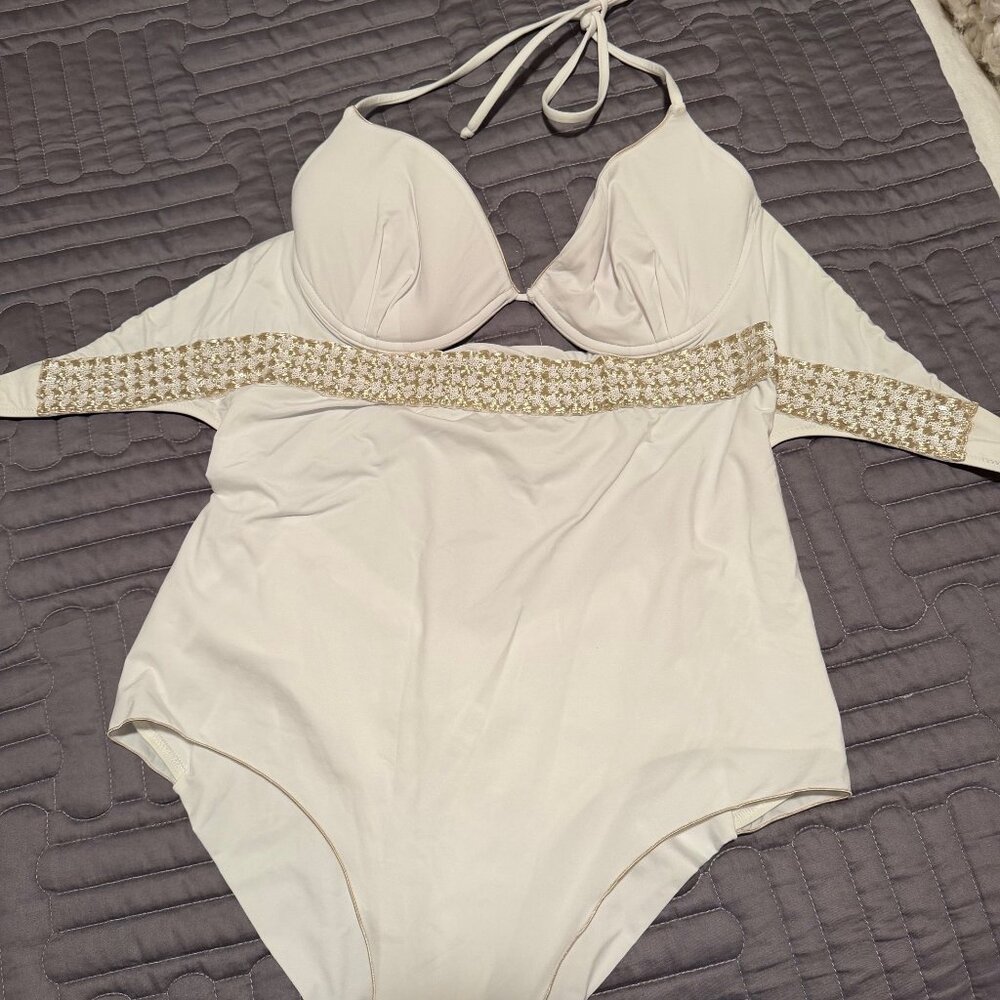 La Perla White & Gold Trim NWOT Bathing Suit size US 12, EU 44 with B-cup
